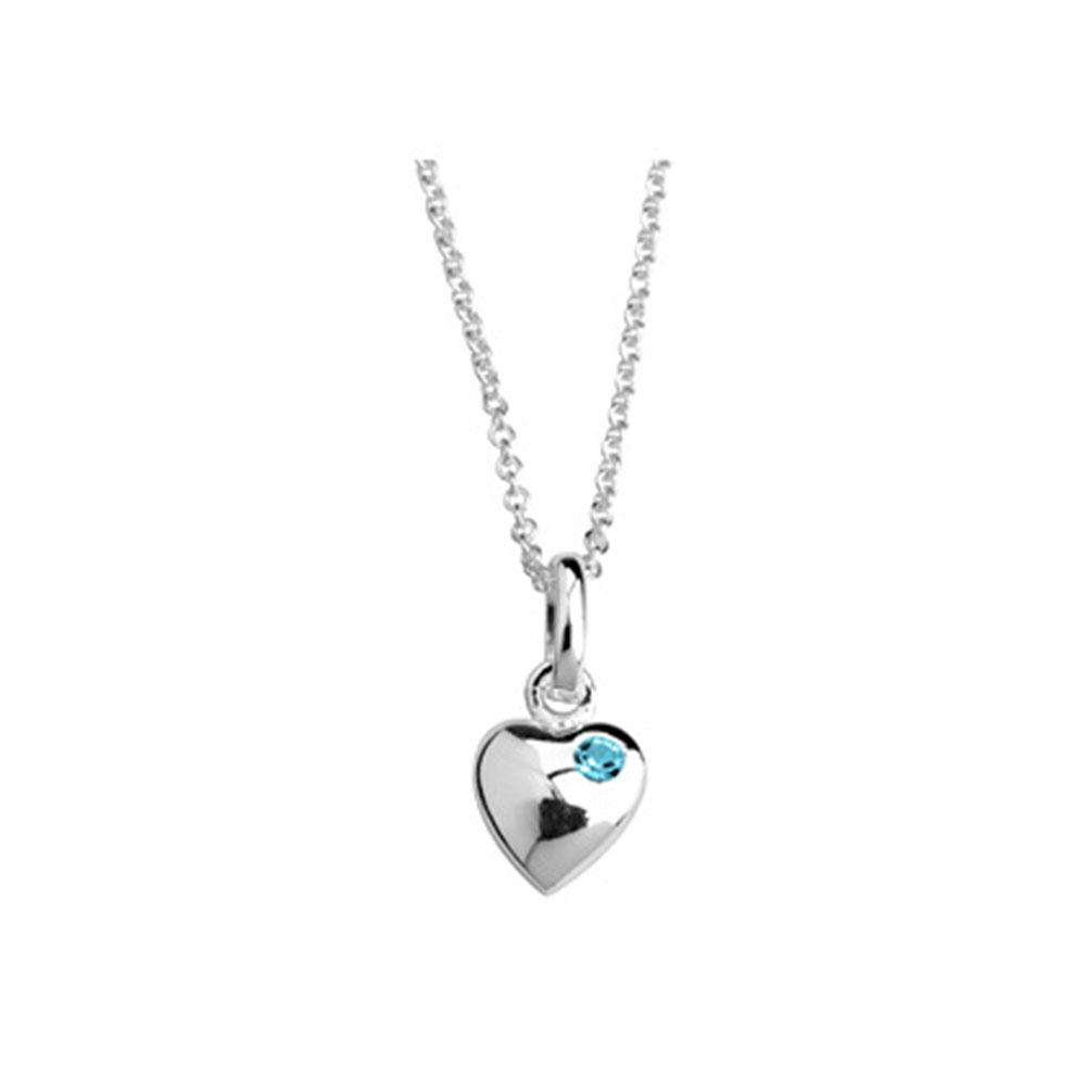 Rhod. silver necklace heart w/light blue cz 